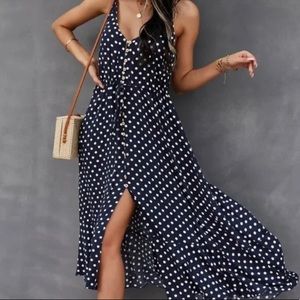 Boho polka dots  button up v neck tie polka dot dress